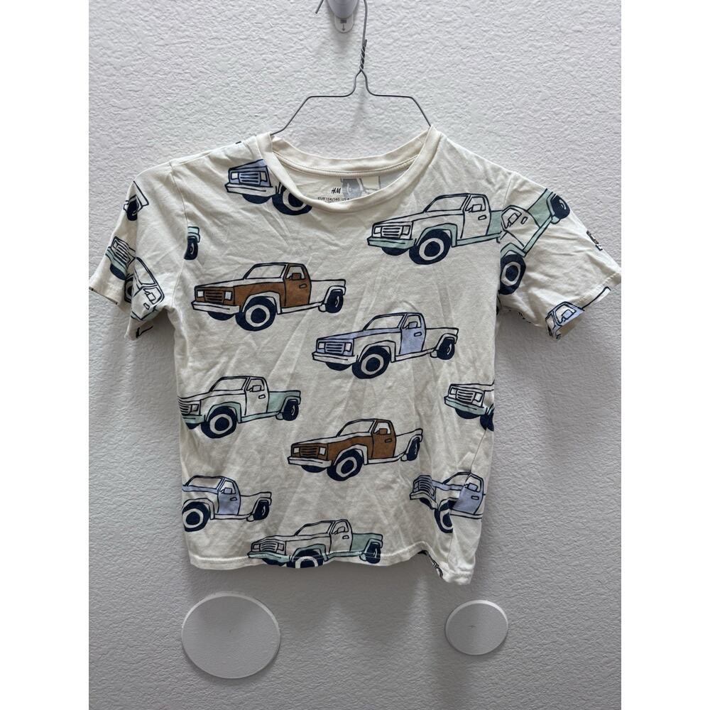 H&M Boys Graphic Truck Print T-Shirt Size 8/10 Crew Neck Short Sleeve White